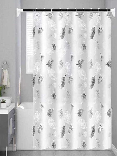 1 pc black leaf-pattern PE plastic shower curtain, waterproof and mildew-resistant for bathroom use