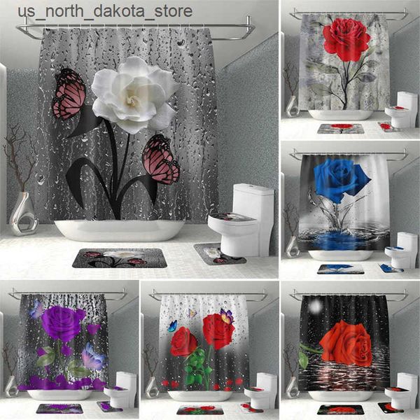 1 rose bathroom curtain with 12 hooks, featuring 3D digital print, stylish polyester waterproof design for bathroom decor J24