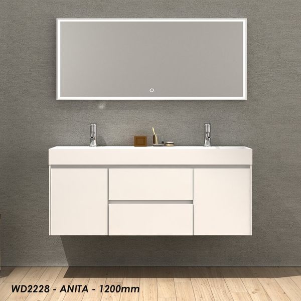 1200mm freestanding bathroom vanity with stone surface, Blum drawers, and wall-mounted storage cabinet