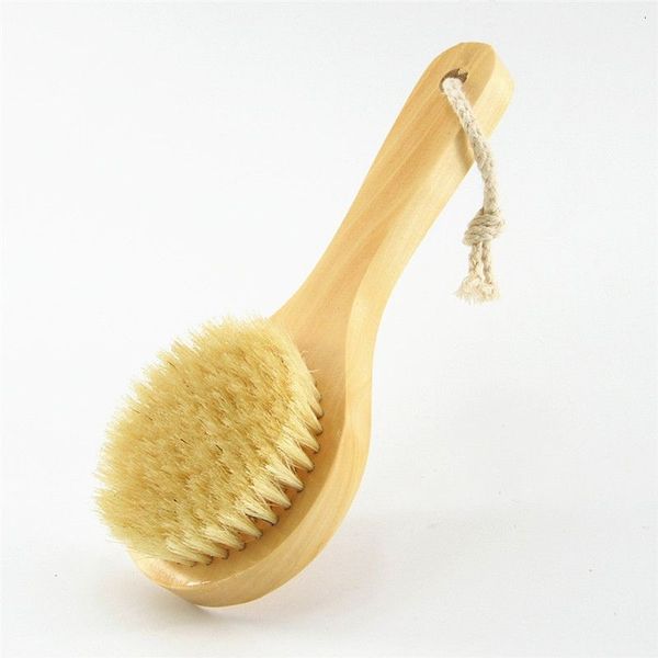 120-piece dry brush set with short wooden handles and boar bristles for exfoliating and massaging in the shower