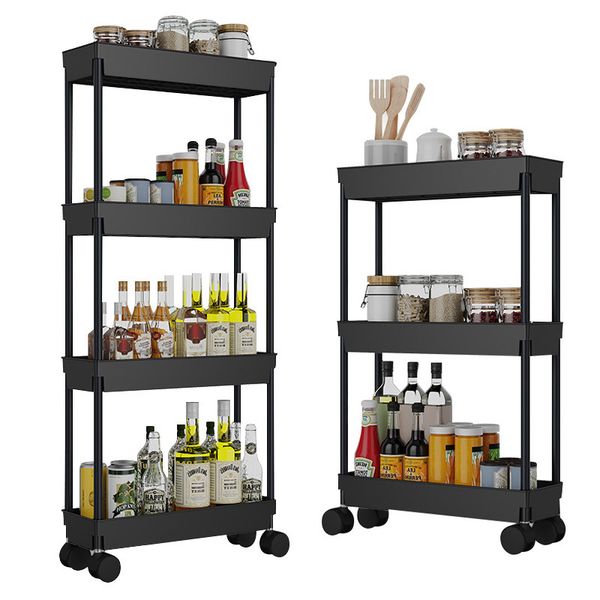 1/3/4-tier sliding storage rack for kitchen and bathroom with wheels, space-saving design, easy to assemble slim organizer stand