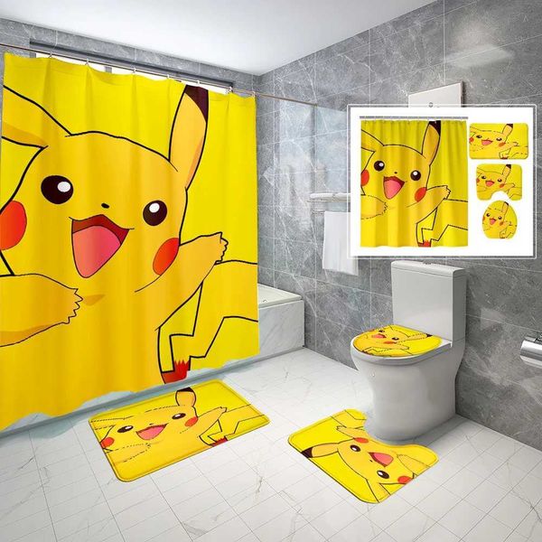 1/4 piece 70x70 inch waterproof Pokemon shower curtain set with anti-slip bath mat and 12 hooks