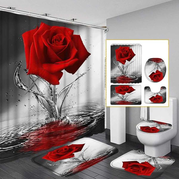 1/4 Piece Waterproof Shower Curtain Set with Hooks, Anti-Slip Bath Mat, and U-Shaped Toilet Seat Cover