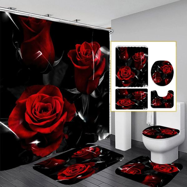 1/4 Shower Curtain Set featuring waterproof bathroom divider, anti-slip bath mat, and U-shaped toilet cover with hooks