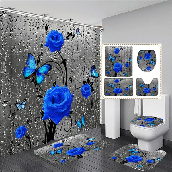 180x180cm blue rose floral shower curtain with matching bath mat and rugs featuring beautiful butterfly designs for bathroom decor
