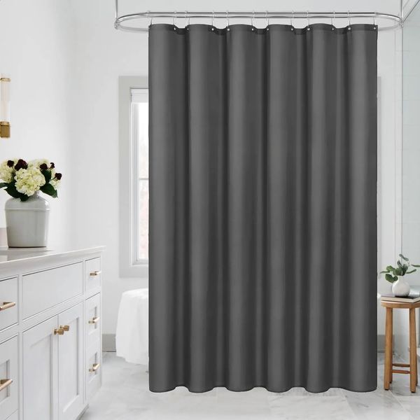 1PC dark grey fabric shower curtain liner with 12 hooks, machine washable for modern bathrooms
