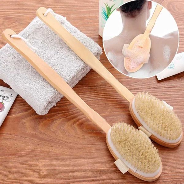 1Pc detachable wooden shower brush with long handle for body exfoliation and massage