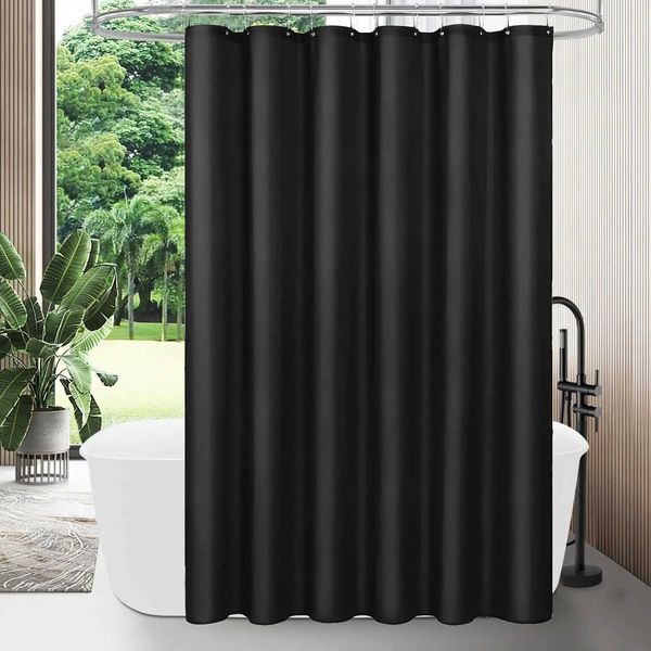1PC modern black fabric shower curtain liner with 12 plastic hooks, suitable for bathrooms and machine washable