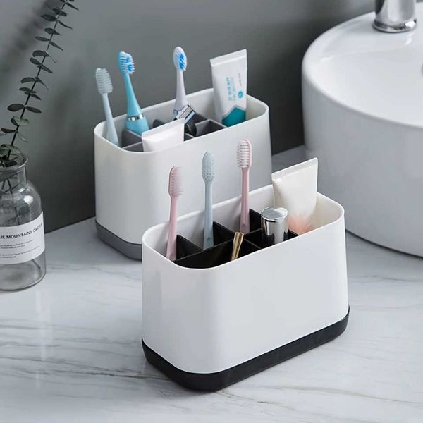 1pc Removable Multi-Compartment Toothbrush and Toothpaste Holder Standing Bathroom Organizer Plastic Toiletries Rack for Bathroom