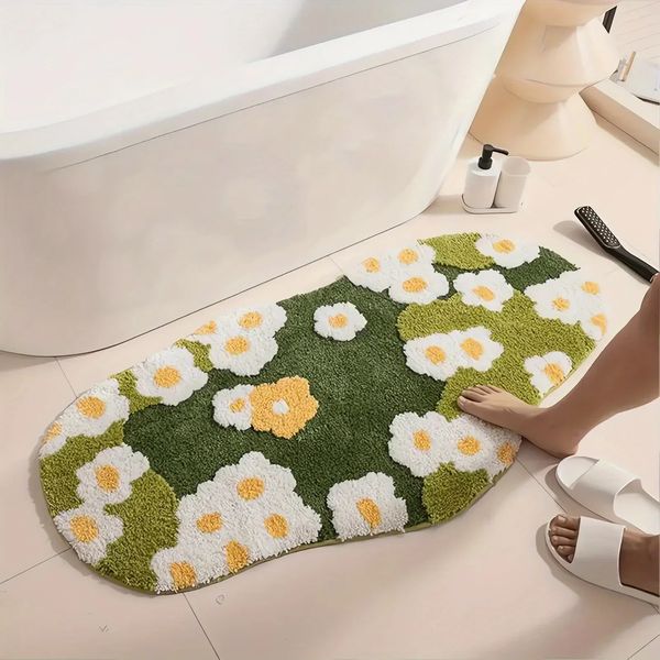 1PCS Ultra Soft Plush Moss Bath Mat with Single Needle Tufted Flower Design, Non-Slip Bathroom Rug for Bedside Use 250103