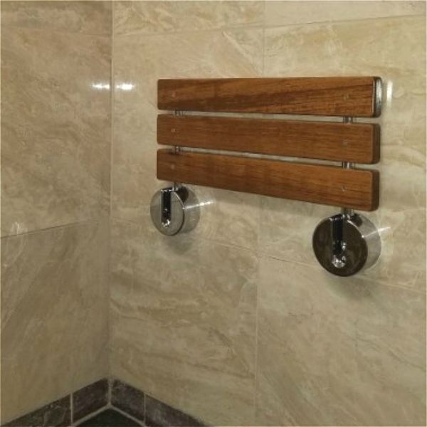 20" Contemporary Teak Folding Shower Bench with Brushed Wall Mount for Bathtub or Spa Use