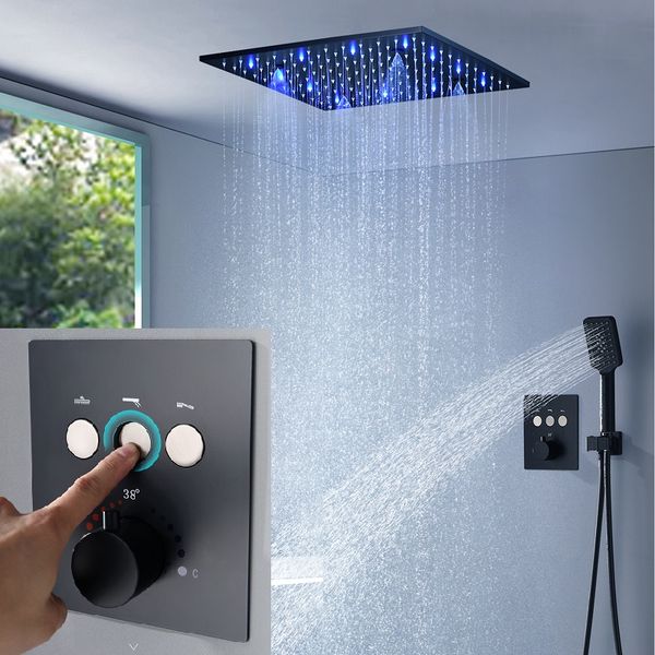 2021 luxury shower system with 16-inch rain and mist head, ceiling-mounted in matt black, featuring thermostat button mixer and LED bath lighting