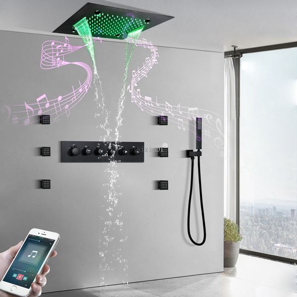 20-inch LED ceiling shower head with music, rainfall waterfall mist, thermostatic brass body, and bathroom faucet set