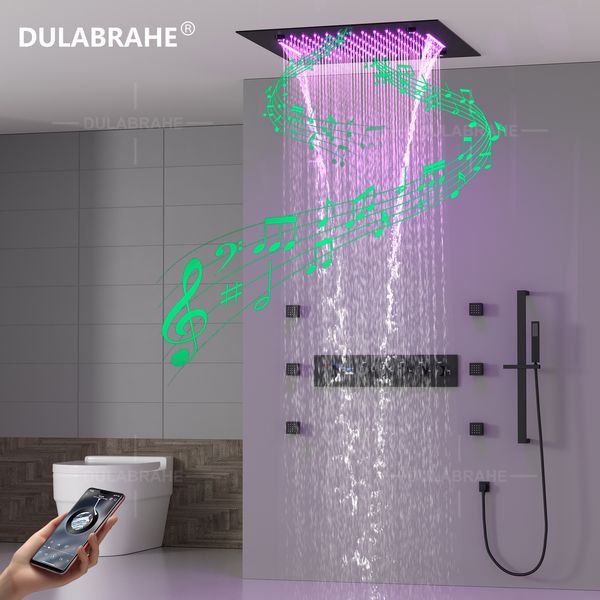 20-inch LED shower head with built-in speaker, temperature display, and mist/rainfall settings