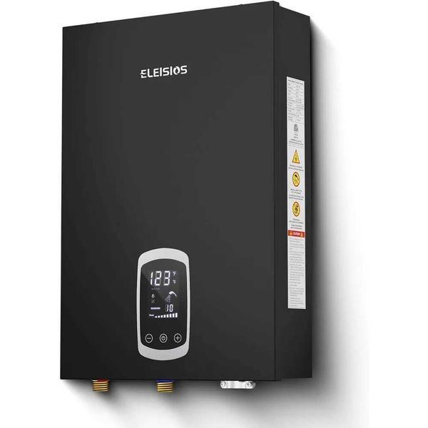 240V 18kW electric tankless water heater with LED display for showers, self-modulating to save energy