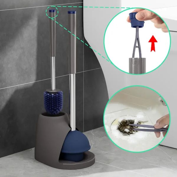 2-in-1 toilet brush and plunger set with long handle for easy cleaning, featuring a freestanding stand and sturdy bristles