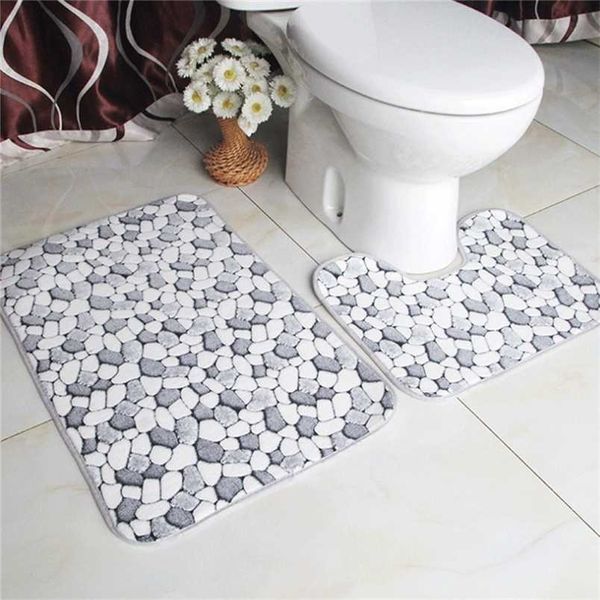 2-piece cobblestone bath mat set with flannel anti-slip surface for kitchen and bathroom, washable toilet rug