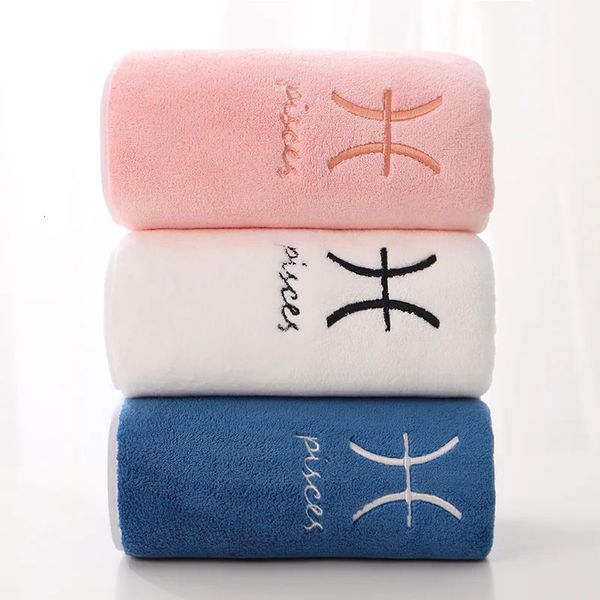 3 coral fleece microfiber hair and bath towels in pink, blue, and white with 12 constellation designs, ideal as a love gift