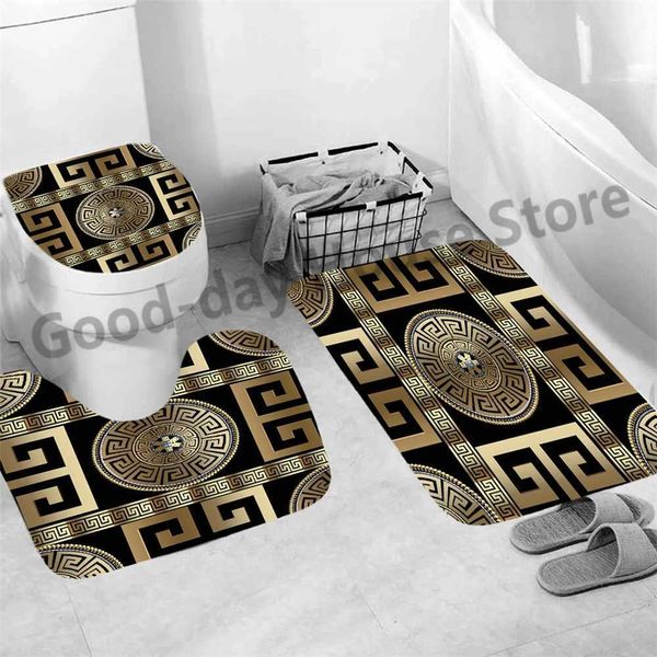 3 luxurious black and gold bath mats with non-slip backing, including a modern marble-pattern toilet seat cover for elegant bathroom decor