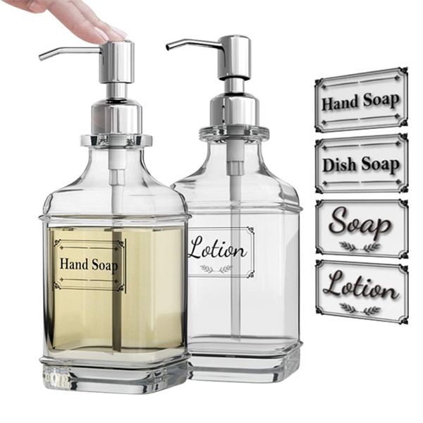 300/550ml Antique Glass Soap Dispenser with Stainless Steel Pump and 4 Clear Labels 211130