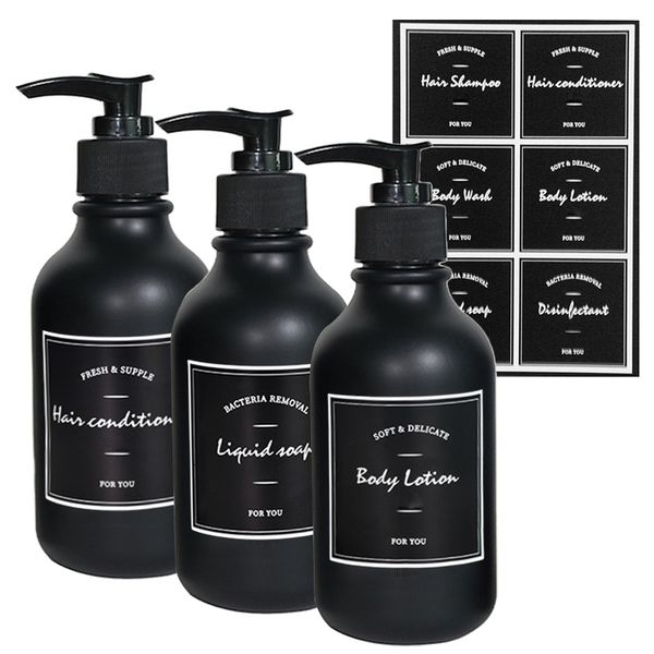 300ml refillable black soap dispenser for shampoo, body wash, and conditioner in a bathroom shower travel set
