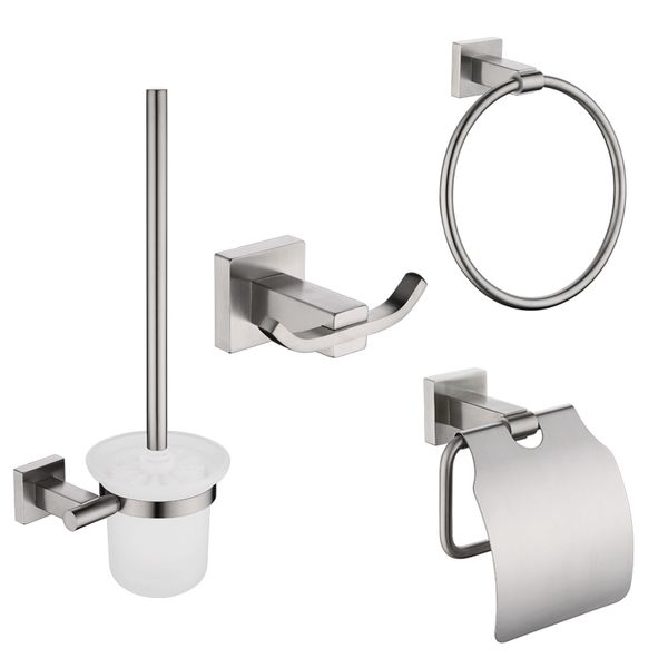 304 Stainless Steel Bathroom Set with Double Robe Hook, Towel Ring, Toilet Brush Holder and Wall-Mounted Tissue Holder LJ201211