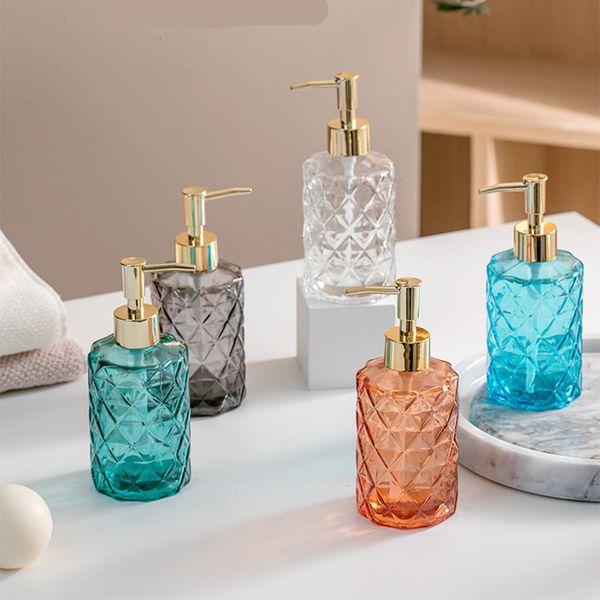 330ML liquid soap dispenser with round pump bottle for bathroom, available in blue, green, and transparent glass options