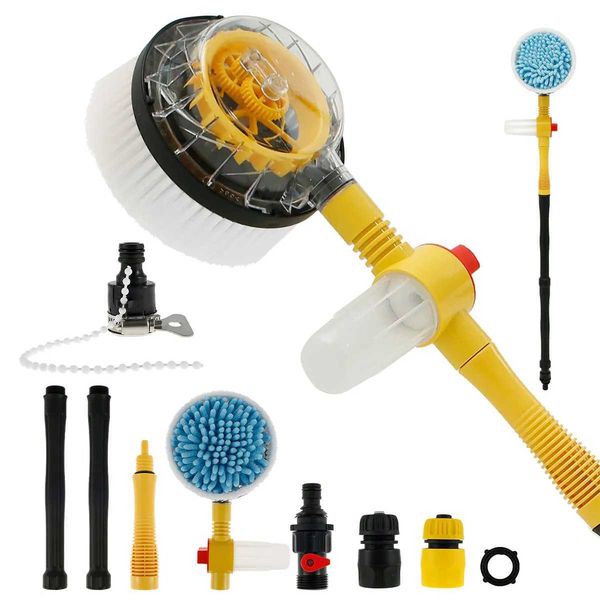 360-degree rotating car wash brush with soap dispenser, hose attachment, and soft bristles for gentle scrubbing