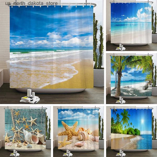 3D beach scene shower curtain featuring ocean and Mediterranean designs, waterproof fabric decor measuring 180x240cm for bathrooms