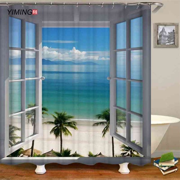 3D beach-themed printed bathroom curtain made of waterproof polyester, resistant to mildew, with a scenic window view design