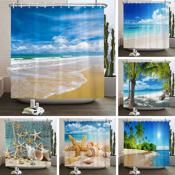 3D beach-themed shower curtain featuring Mediterranean ocean scenery, waterproof fabric bathroom decor measuring 180x240cm