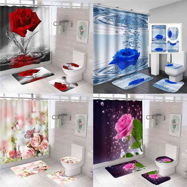 3D Blue Red Pink Rose Print Shower Curtain Set with matching anti-slip bath mat and toilet lid cover for stylish bathroom decor

Rewritten as:
Stylish 3D shower curtain set featuring blue, red and ...