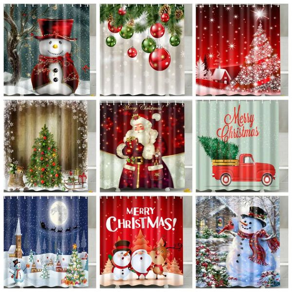 3D Christmas-themed snowman shower curtain featuring Santa and holiday decor, includes 12 hooks for easy hanging in 21 festive designs