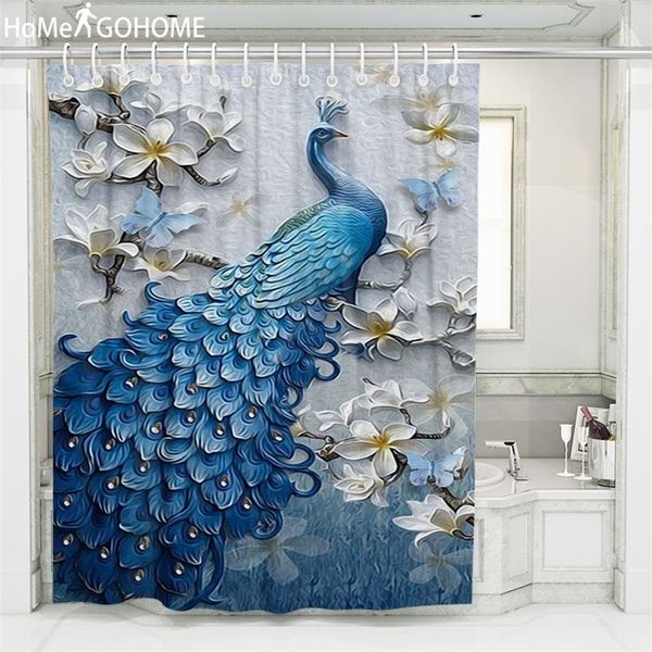 3D floral boho shower curtain in blue polyester, waterproof and artistic for bathroom decor
