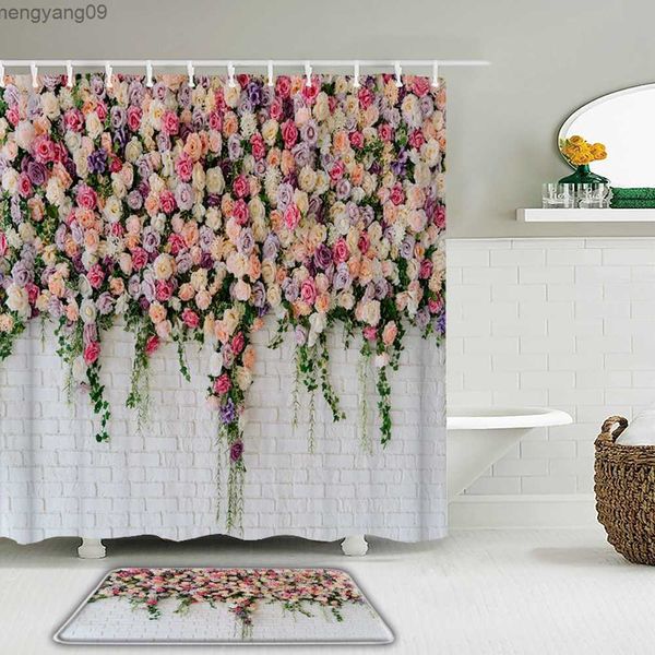 3D floral printed shower curtain set featuring roses, butterflies, and birds, with matching waterproof bath mat for your bathroom