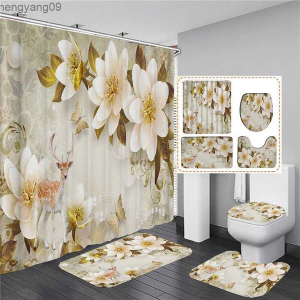 3D floral shower curtain set with matching bath rug for elegant bathroom decor