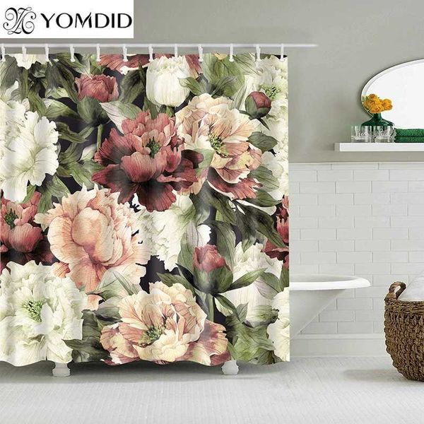 3D floral vintage shower curtain with hooks, polyester fabric bathroom print