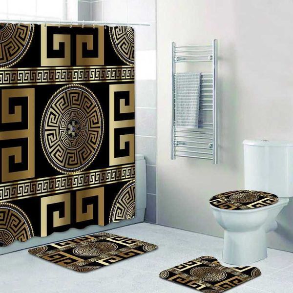 3D Luxury Black Gold Greek Key Meander Baroque Bathroom Curtain Shower Set with Modern Geely Carpet Decor Y241203