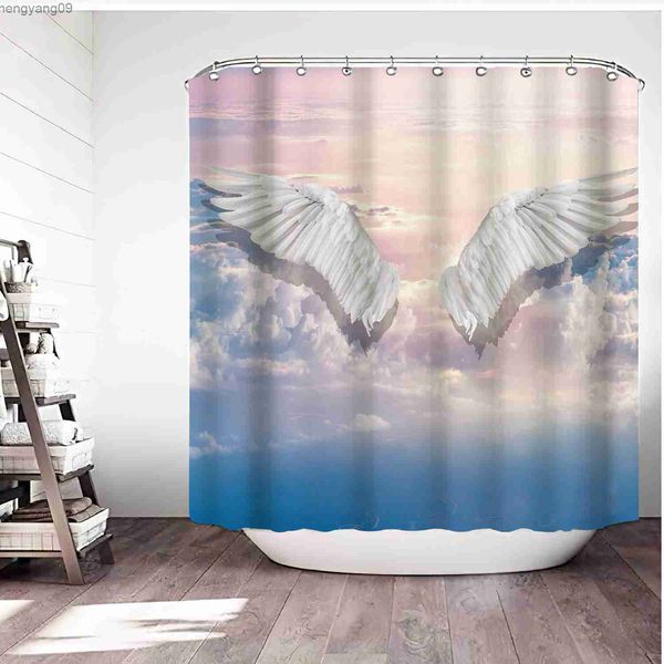 3D printed angel wing shower curtain for kids' bathroom, waterproof polyester fabric with guitar design