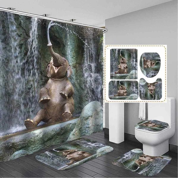 3D printed elephant-themed shower curtain set with matching bath mat and toilet rug for bathroom decor