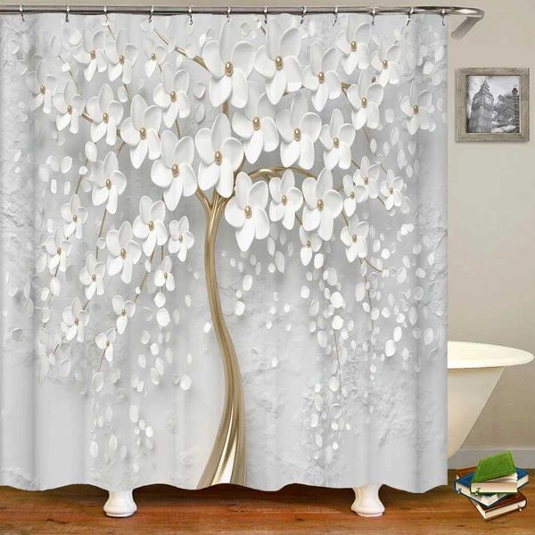 3D printed floral tree shower curtain, waterproof polyester with hooks for bathroom decor