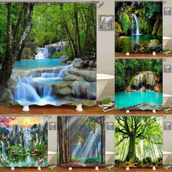 3D printed green forest waterfall shower curtain, waterproof 180x200 cm polyester bathroom curtain with hooks