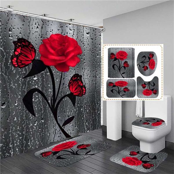 3D printed rose shower curtain set with anti-slip bath mat, waterproof polyester for stylish bathroom decor