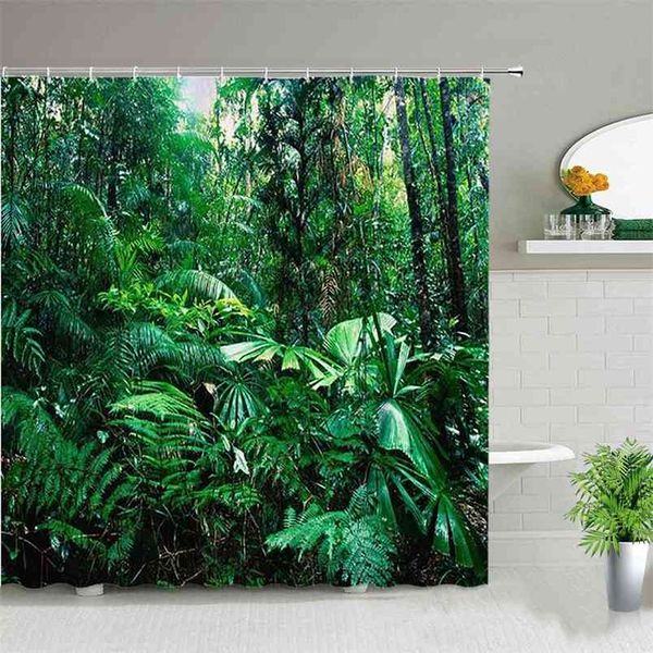 3D printed shower curtains featuring tropical plants, palm trees, flowers, and birds for waterproof bathroom decor