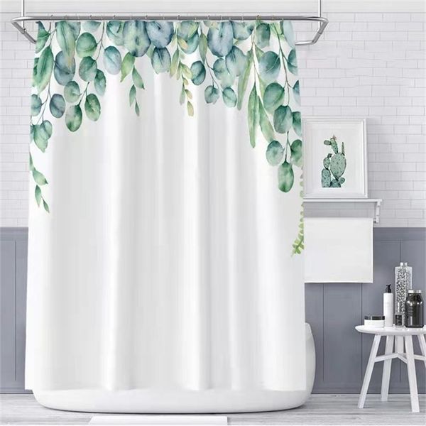 3D printed tropical leaf shower curtains for bathrooms, made of waterproof polyester with a natural plant design