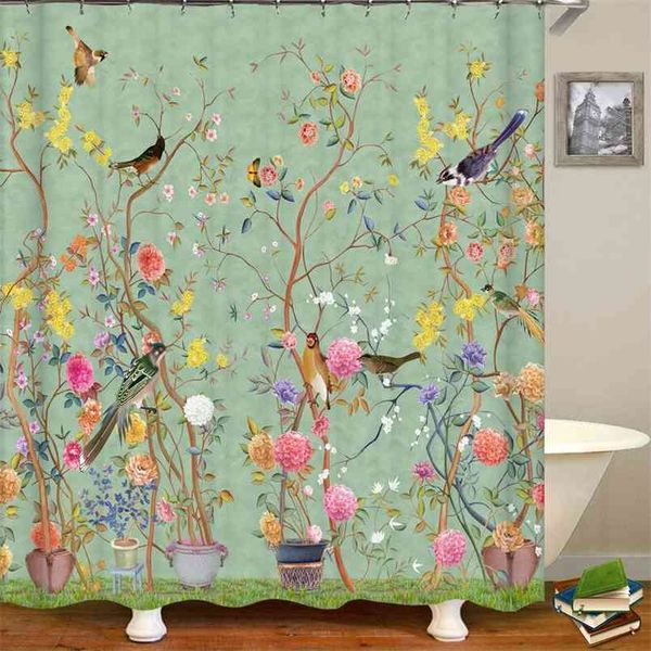3D printed waterproof shower curtains featuring Chinese-style floral and bird tree designs for bathroom decor with included hooks