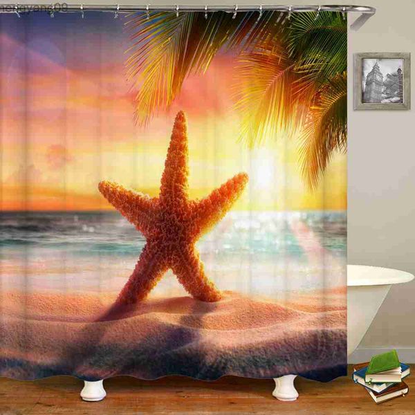 3D shower curtain featuring sunset beach scenery, waterproof decor for bathrooms (180x180cm)