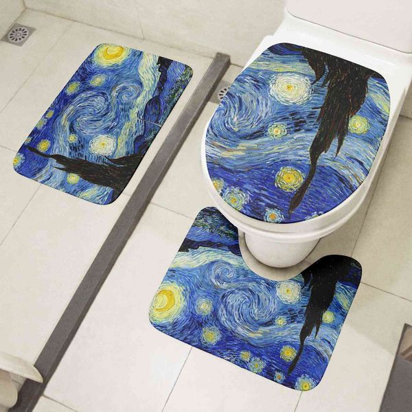 3D Van Gogh-inspired toilet mat set featuring Sunflower and Starry Night designs, non-slip bathroom rugs with flannel cushion