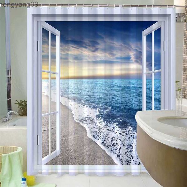 3D waterproof shower curtain featuring a tropical beach scene with palm trees, ocean waves, starfish, and shells for bathroom decoration