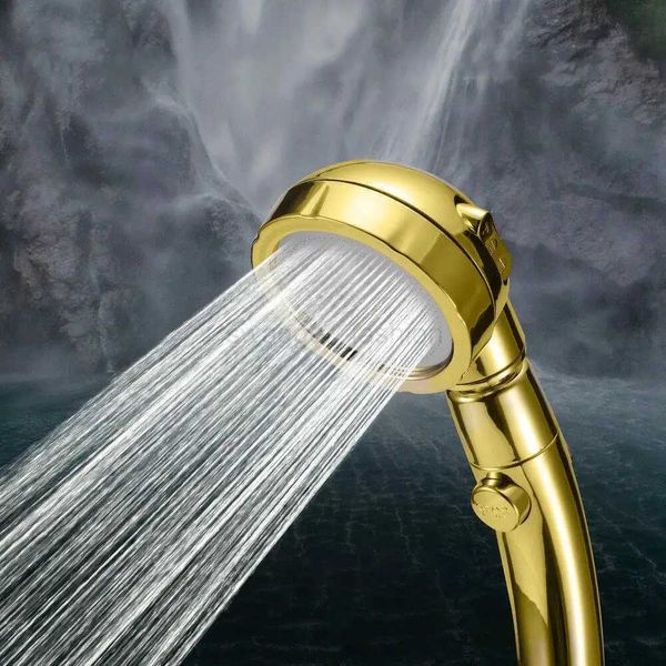 3-in-1 high-pressure shower head with pause switch, gold finish, 360-degree rotation, and 3-speed adjustment